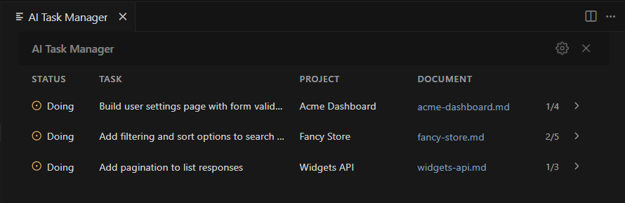 Tasks appear in a dedicated sidebar panel, giving you an overview of all your projects at a glance.