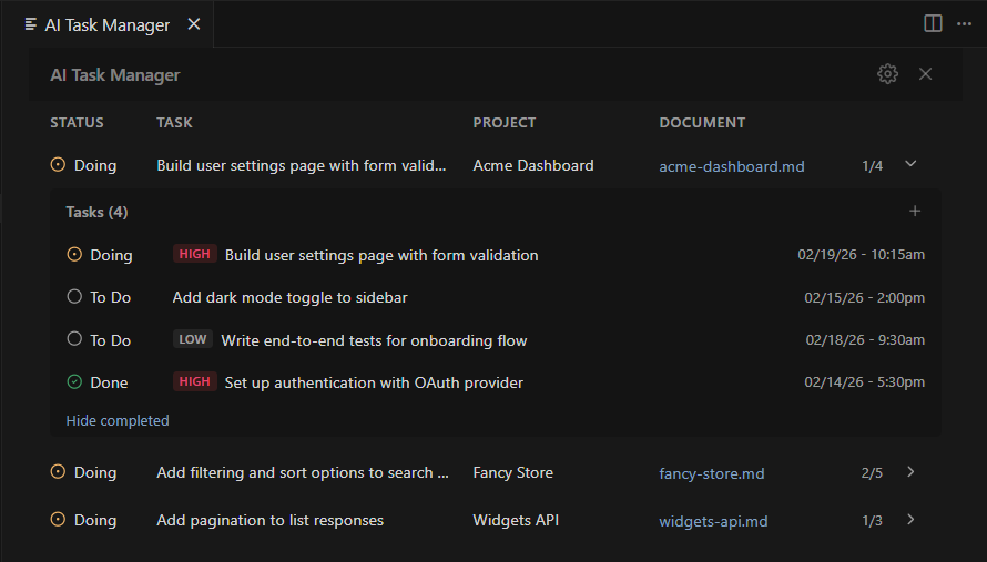 Select a project to expand its full task list - with statuses, priorities, and timestamps.