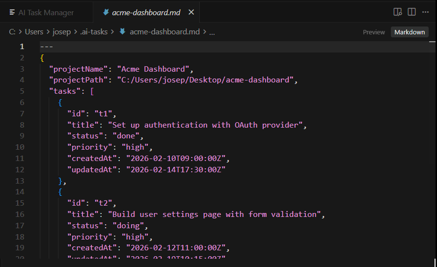 All task data lives in a single Markdown file per project - easy to read, edit, and version control.