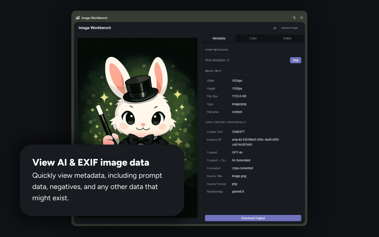 View EXIF data, AI generation metadata, and C2PA Content Credentials for any image - right from your browser.