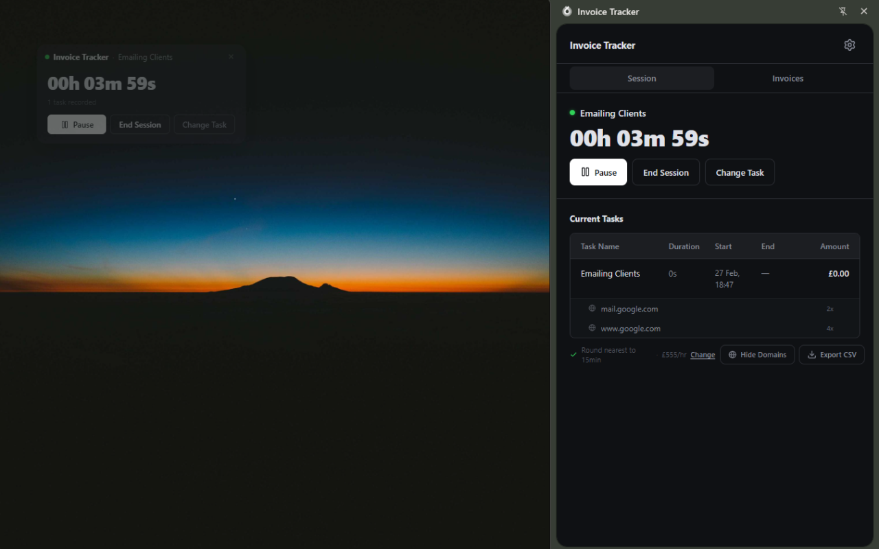 Track time with a floating overlay on any page. The side panel shows your current session with tasks, durations, domains visited, and a live running total.