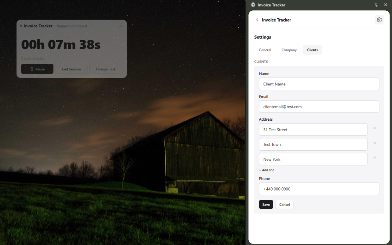 Manage clients with full contact details - name, email, address, and phone. All stored locally in your browser.