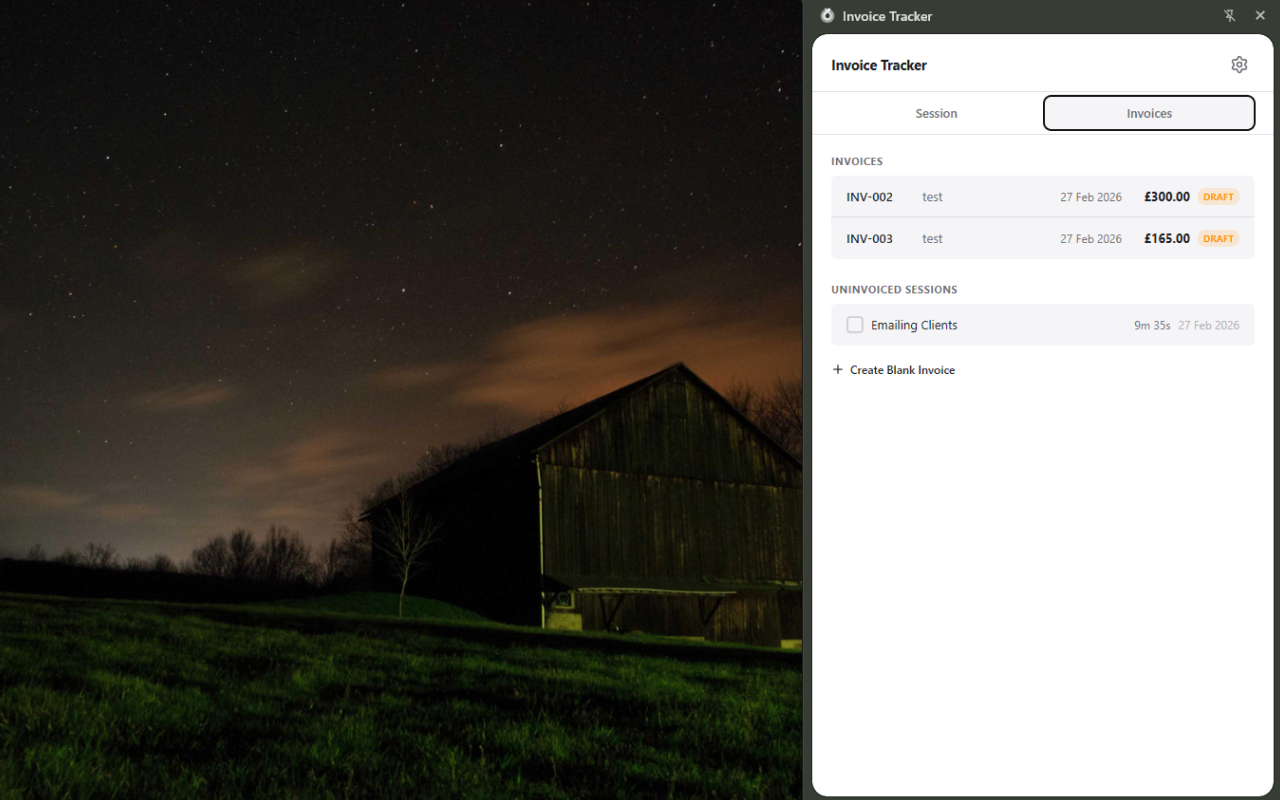 View all your invoices and uninvoiced sessions in one place. Create invoices from tracked sessions or start a blank invoice for ad-hoc work.