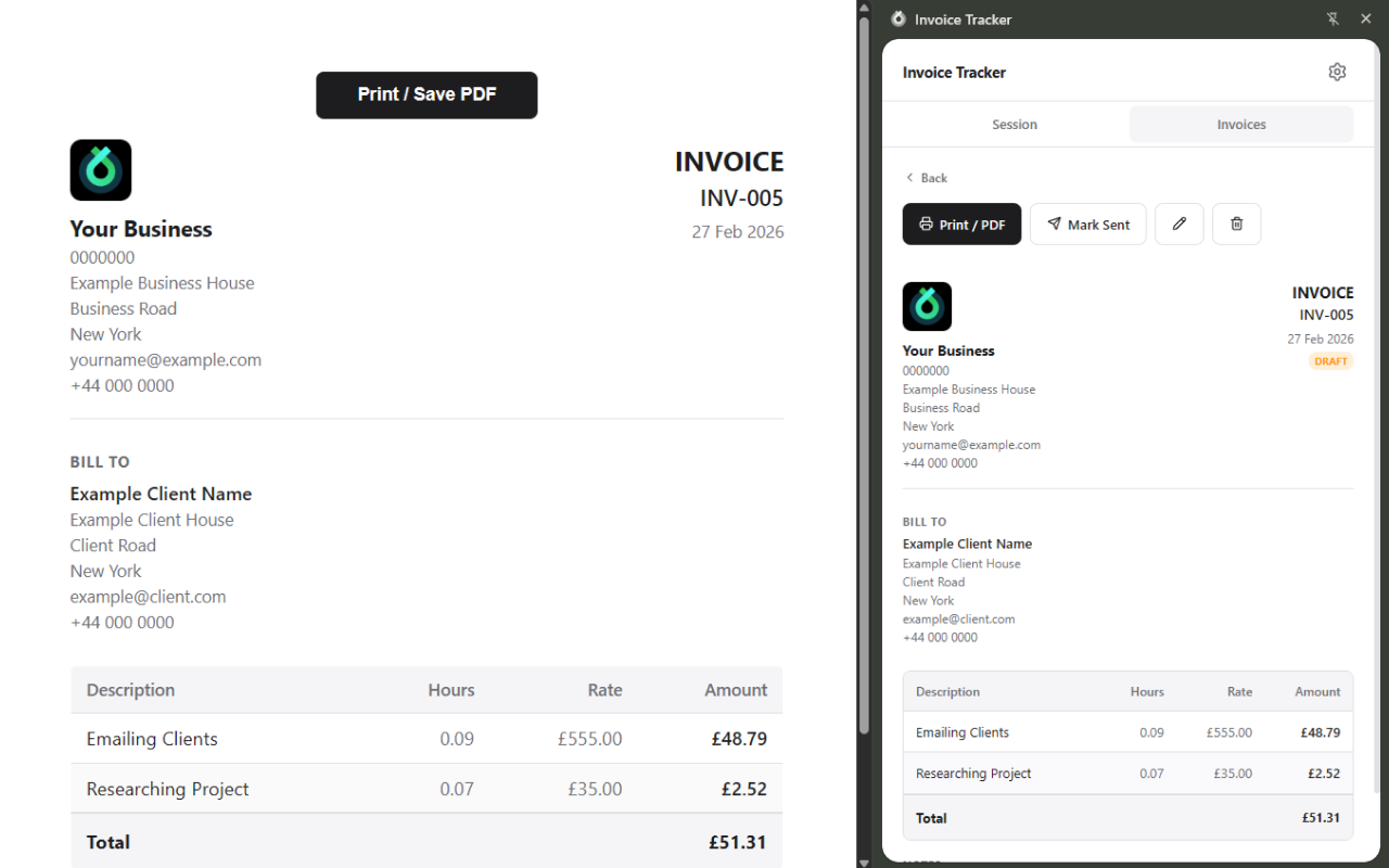 Preview and print invoices with your business details, client info, and line items. Save as PDF directly from the print dialog.